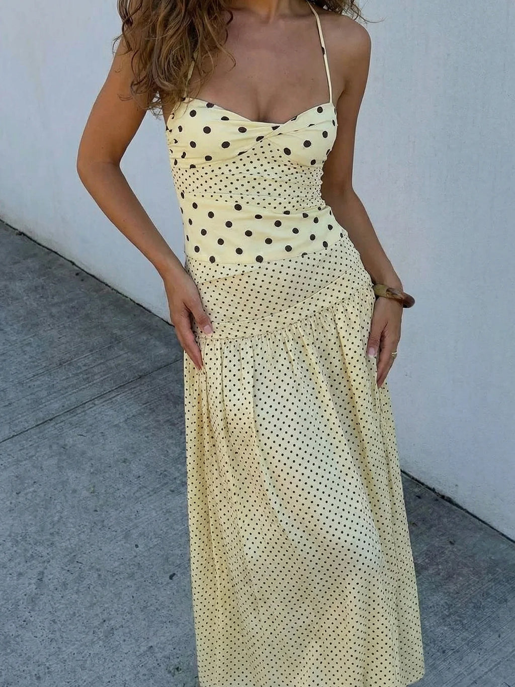 Polka-Dot Lace-Up Backless Sleeveless Maxi Dress