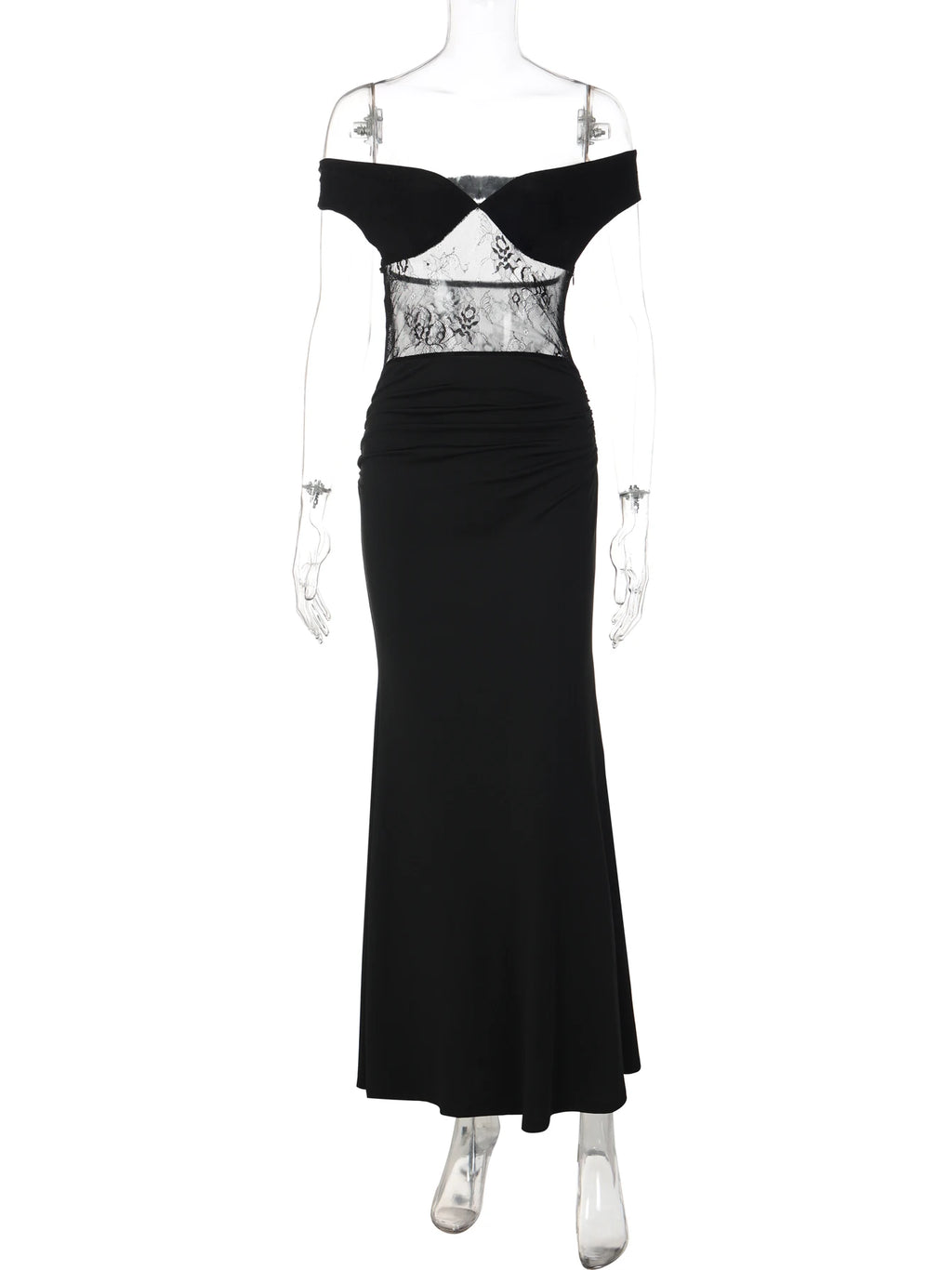 Sheer Lace Ruched Backless Maxi Dress