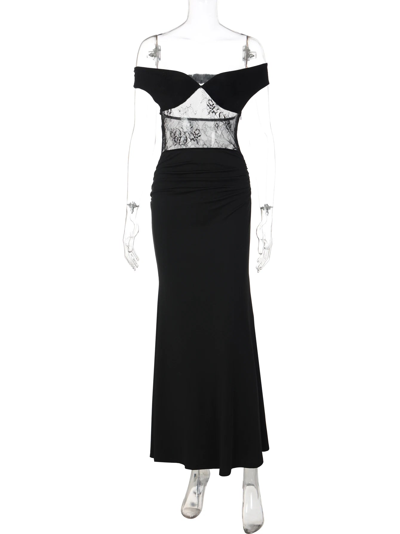 Sheer Lace Ruched Backless Maxi Dress