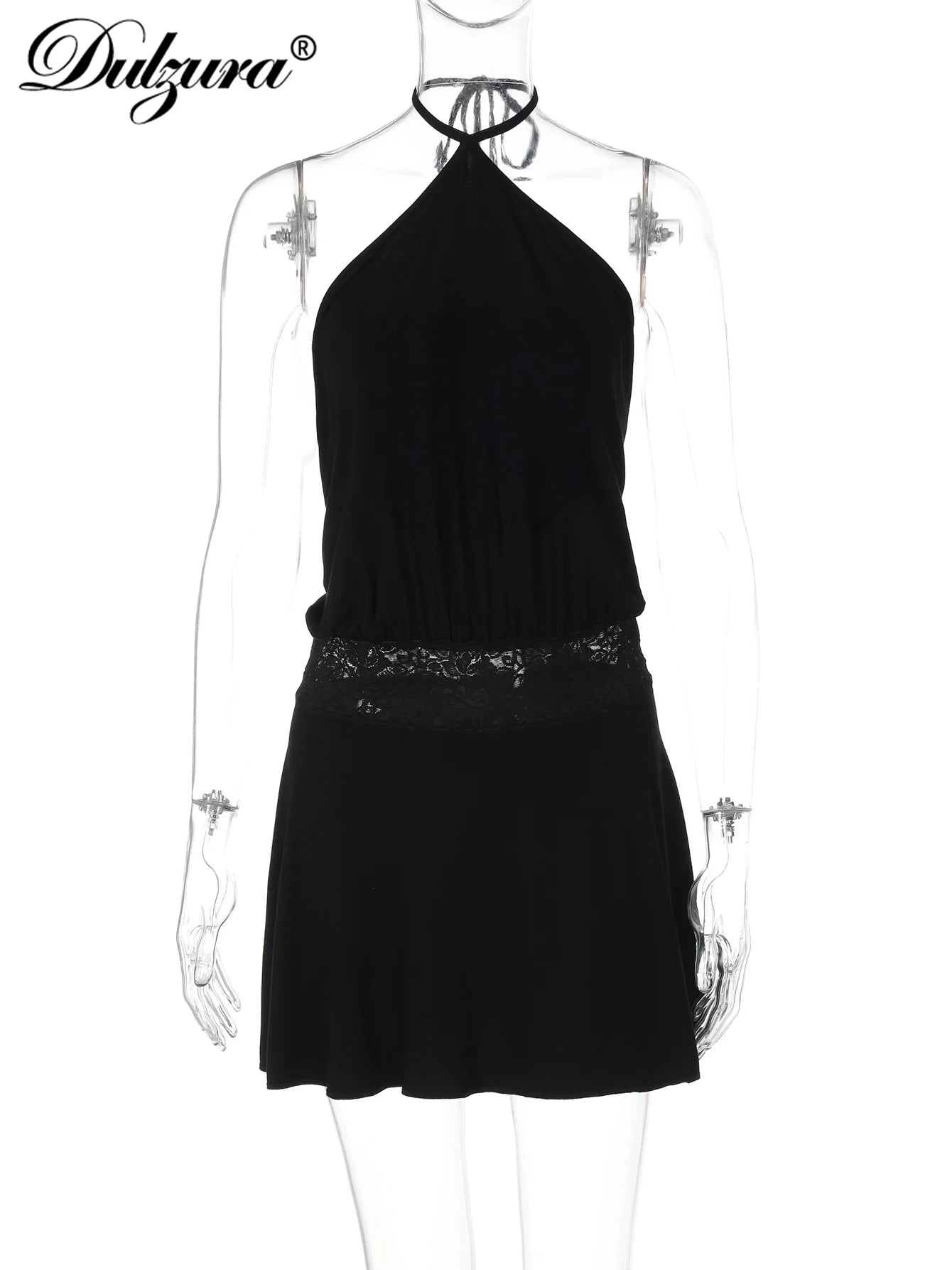 Lace Backless Halter Sleeveless Mini Dress
