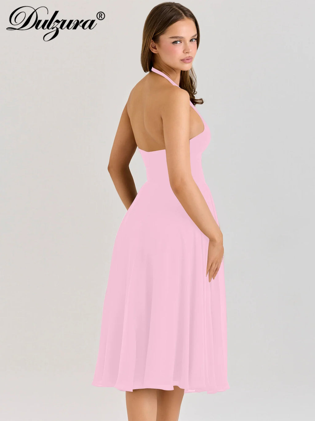 Mesh Backless Halter Sleeveless Midi Dress