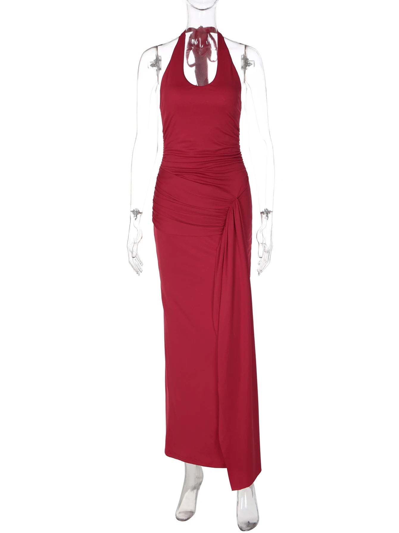 Ruched Backless Side-Slit Tie-Detail Maxi Dress