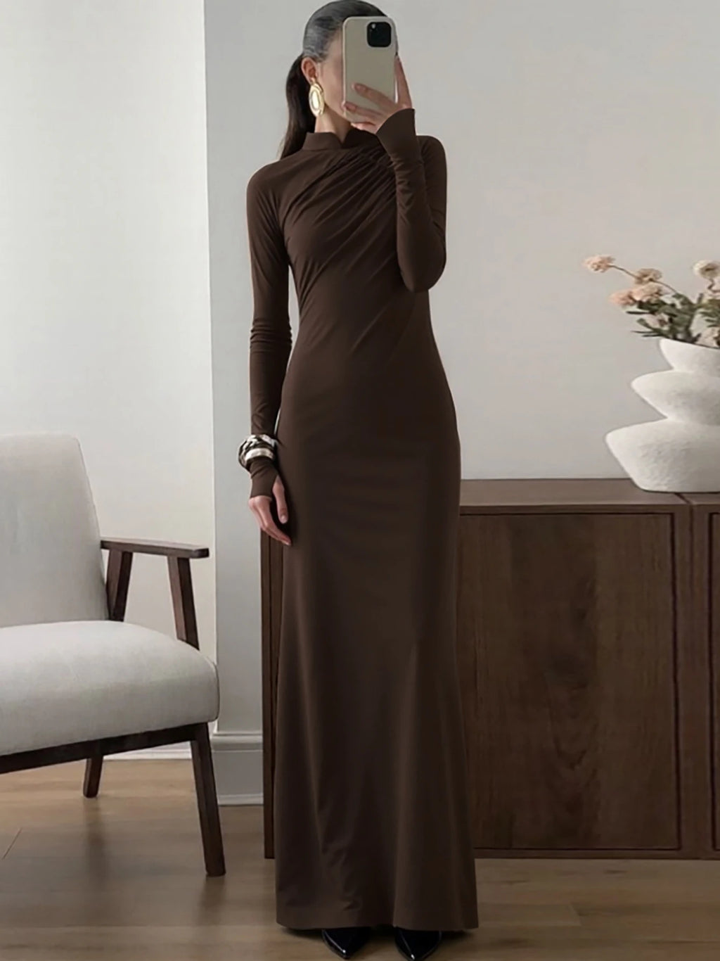 Side-Slit High-Neck Long-Sleeve Maxi Dress