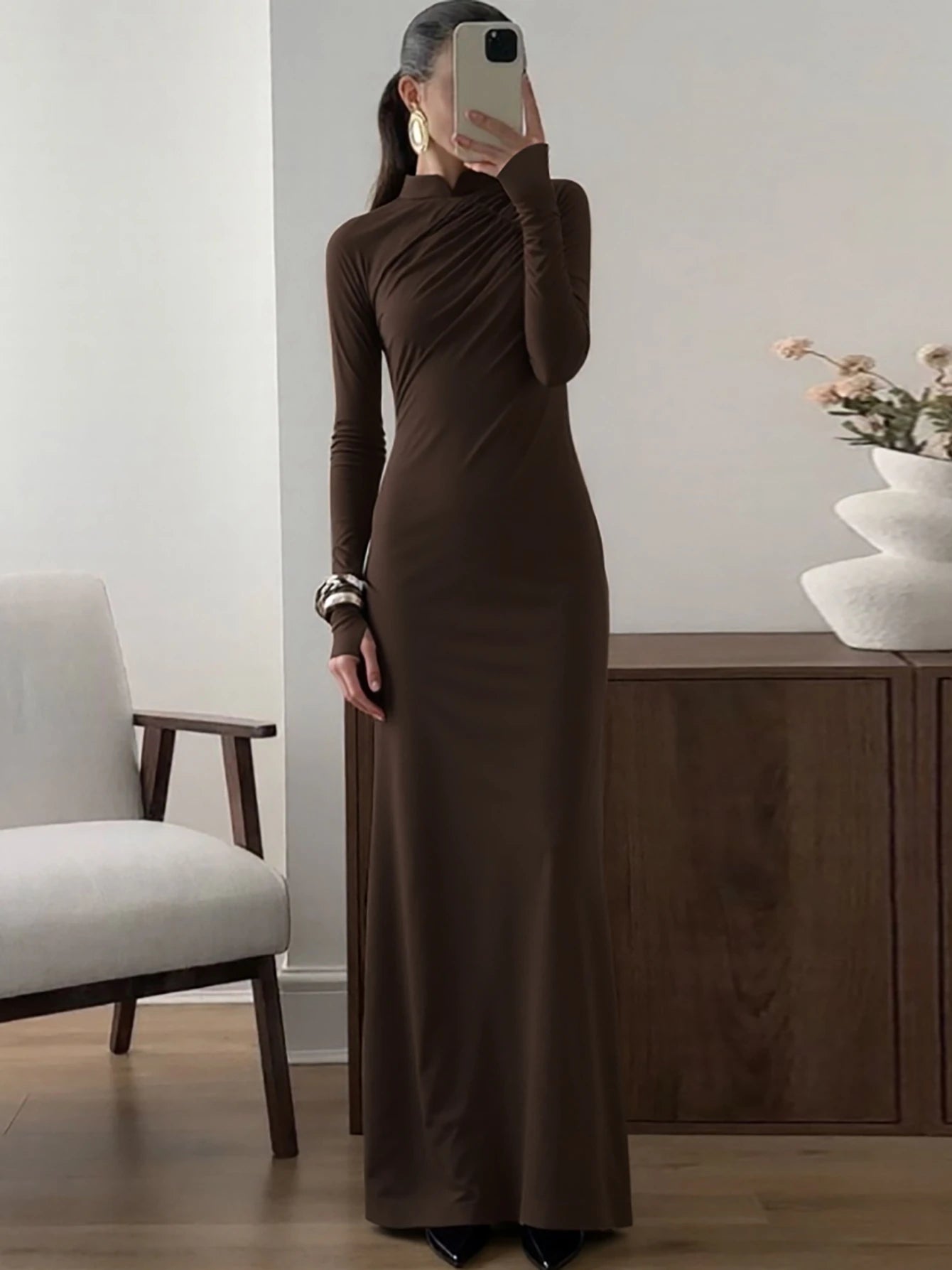 Side-Slit High-Neck Long-Sleeve Maxi Dress