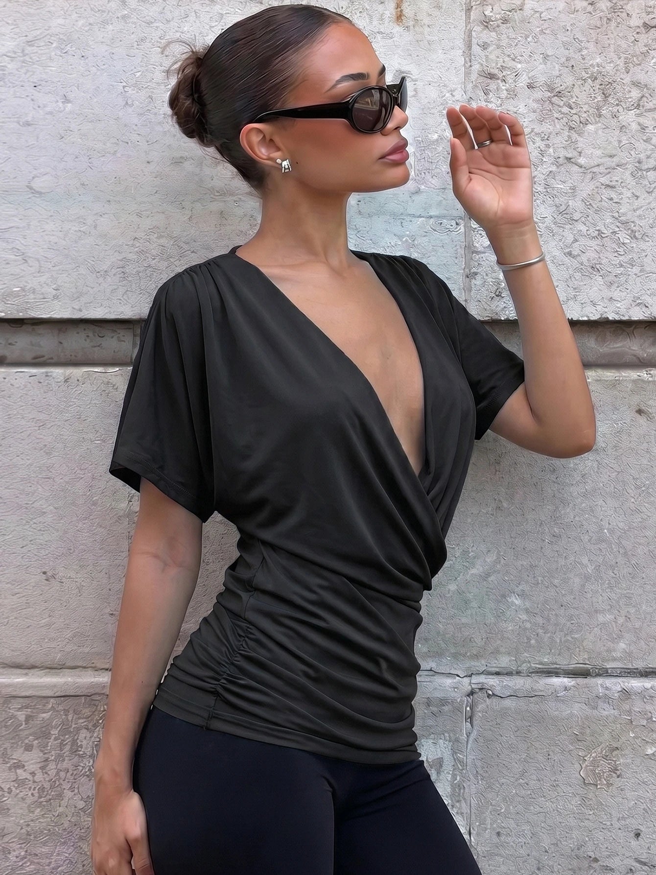 Ruched V-Neck Short-Sleeve Slim-Fit T-Shirt