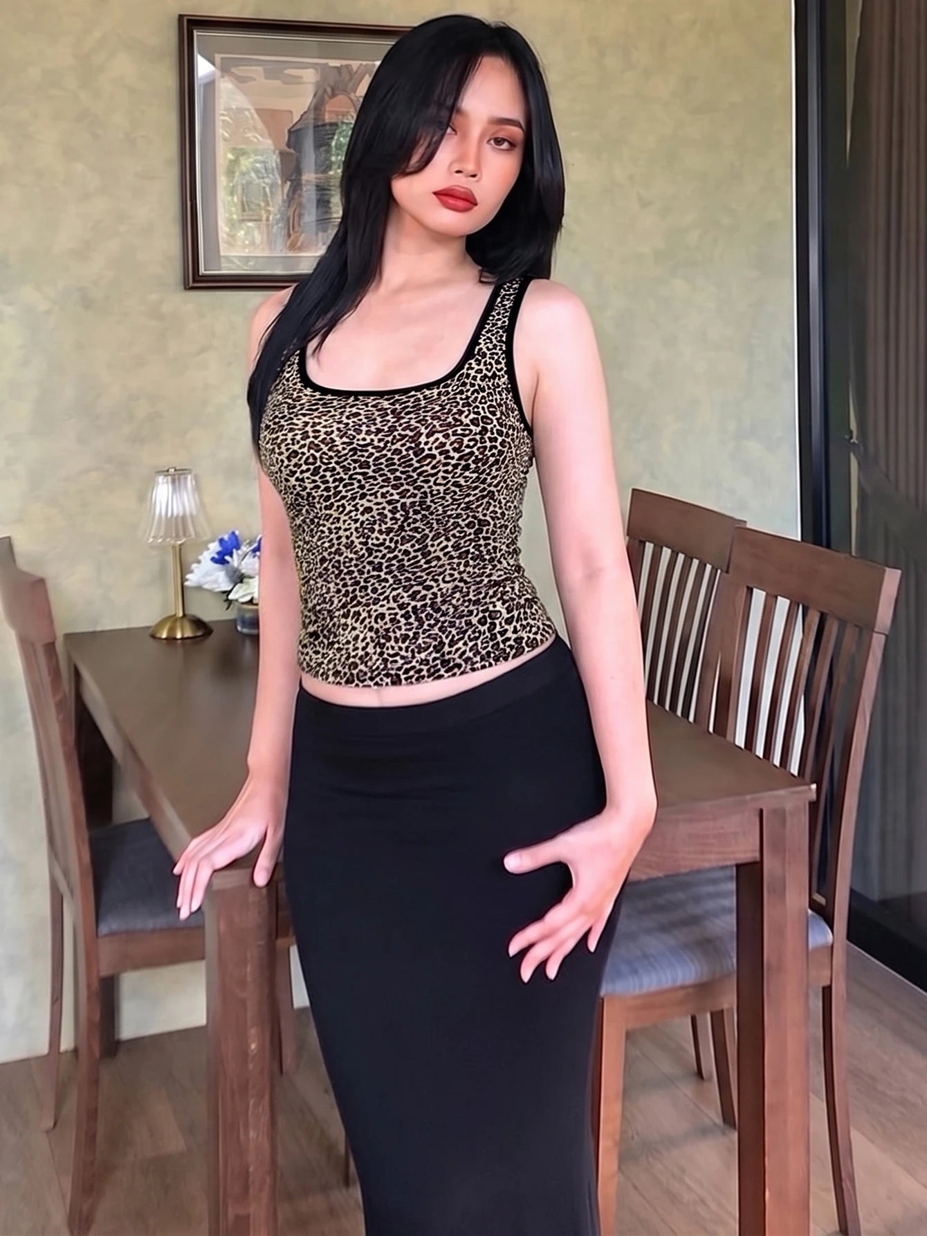 Leopard Square-Neck Sleeveless Slim-Fit Tank Top