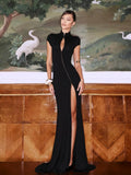 Side-Slit Short-Sleeve Cropped Maxi Dress