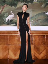 Side-Slit Short-Sleeve Cropped Maxi Dress