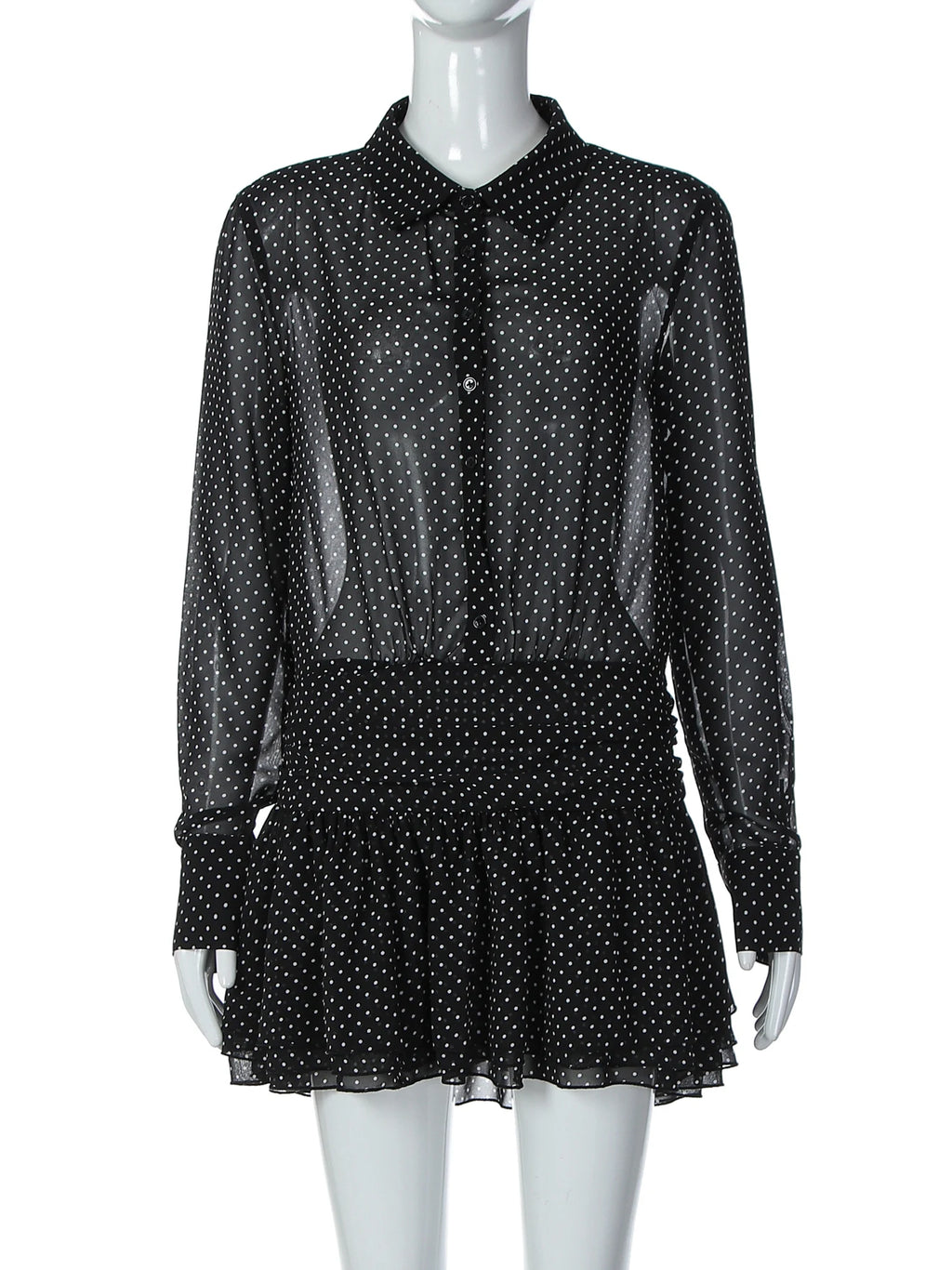Polka-Dot Chiffon Sheer Button-Front Mini Dress
