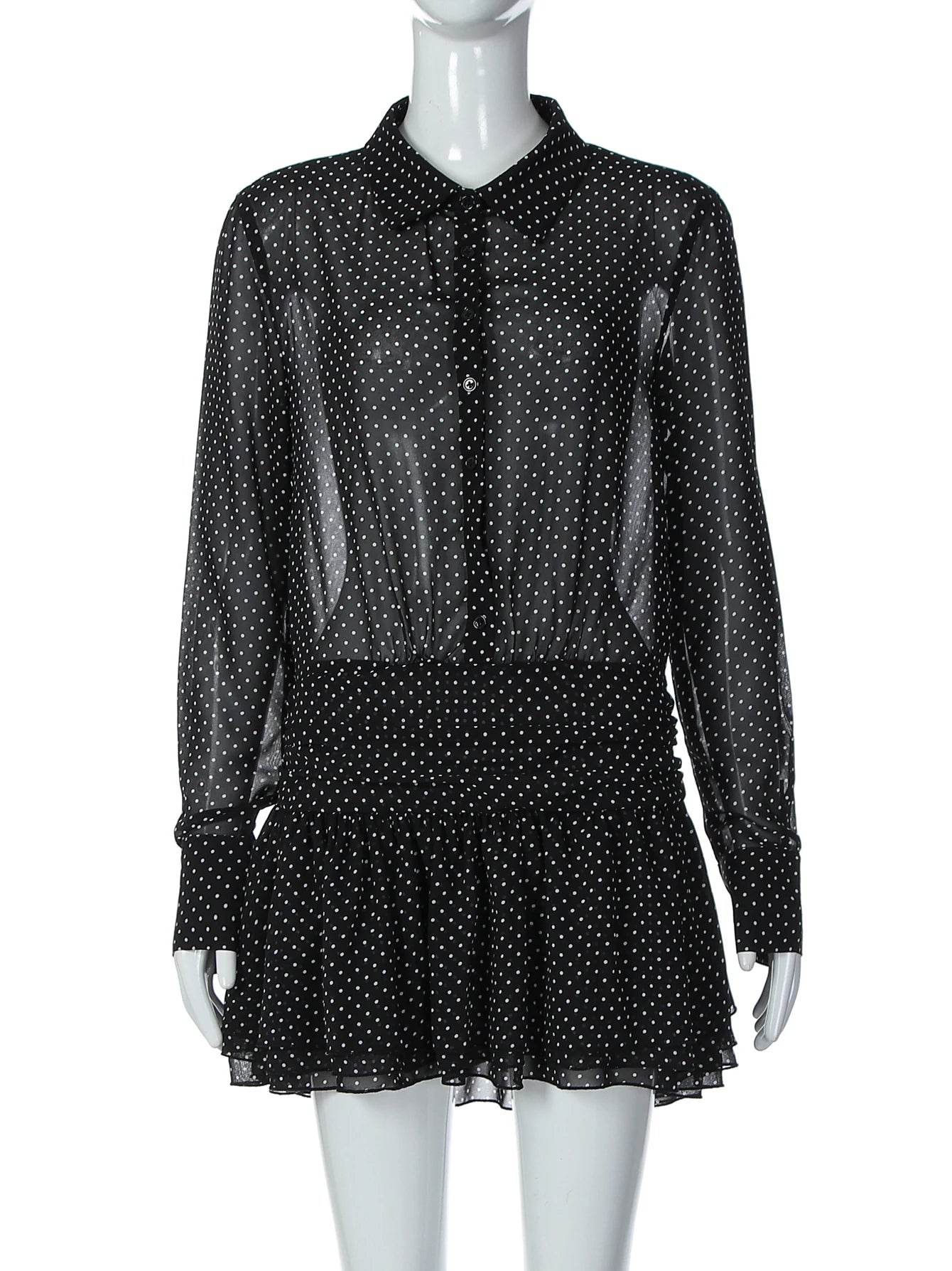 Polka-Dot Chiffon Sheer Button-Front Mini Dress