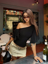 Backless One-Shoulder Slim-Fit Flared T-Shirt