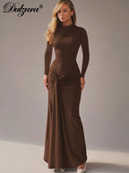 Lace-Up Ruched Long-Sleeve Maxi Dress
