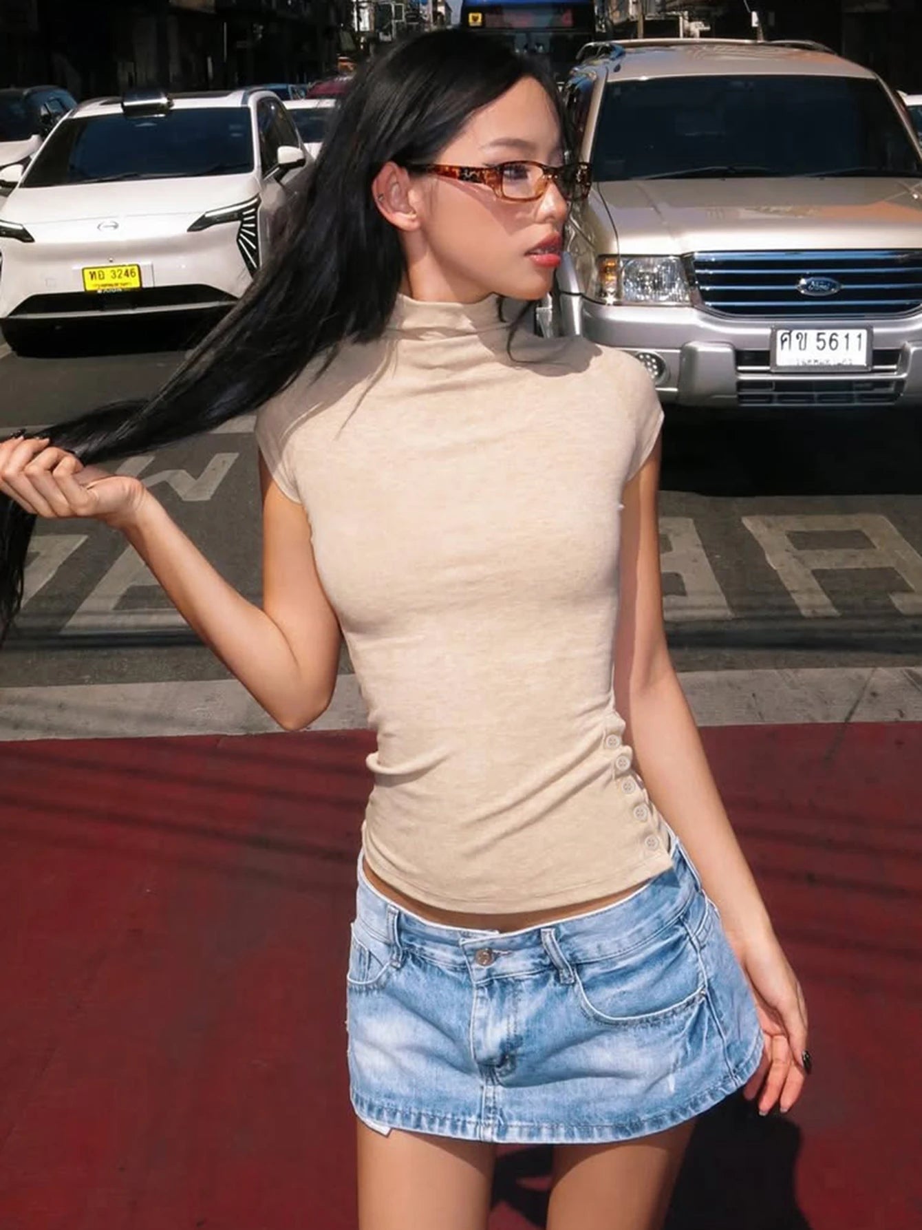 Side-Slit High-Neck Short-Sleeve Slim-Fit T-Shirt