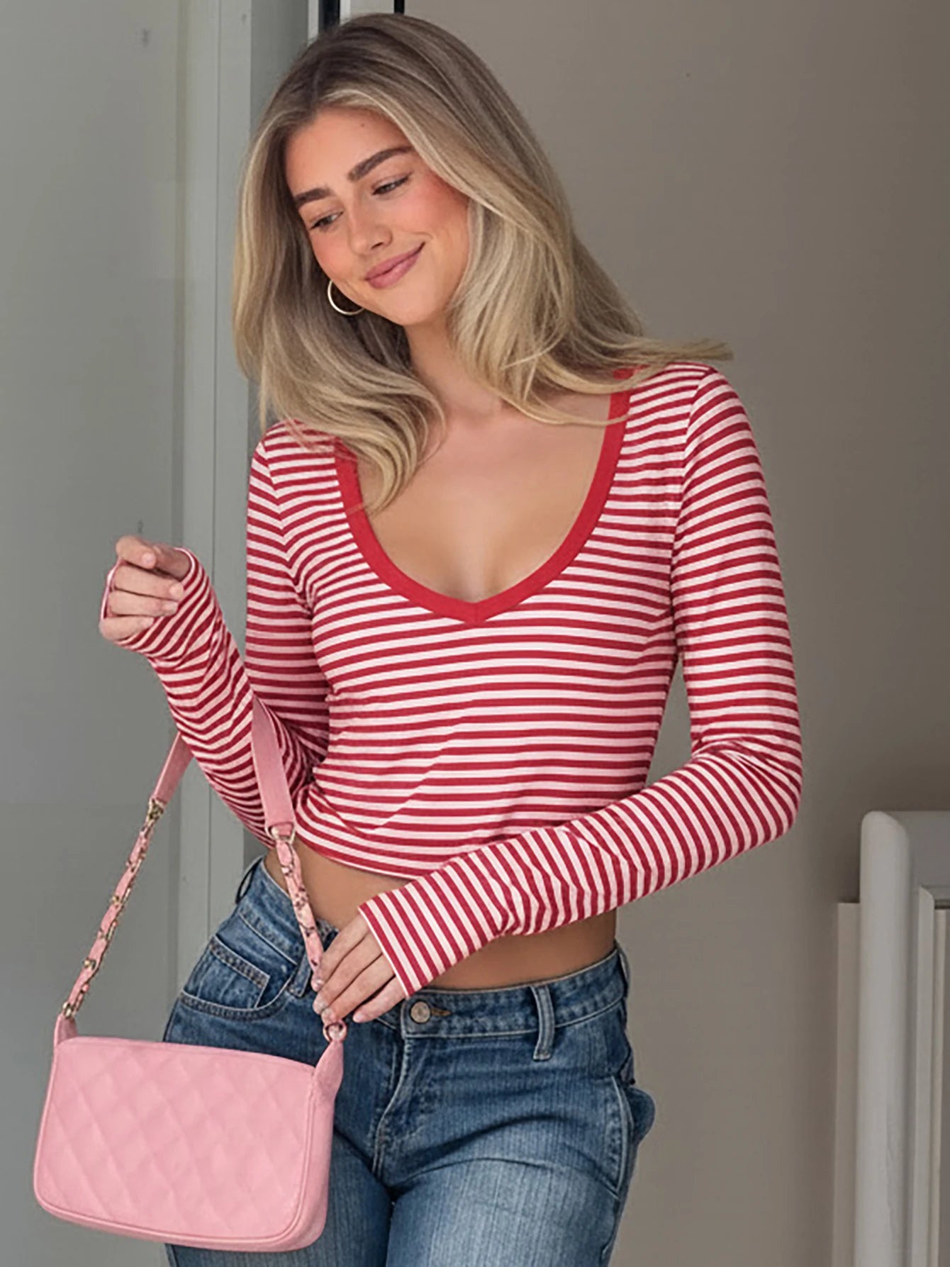 Striped V-Neck Long-Sleeve T-Shirt
