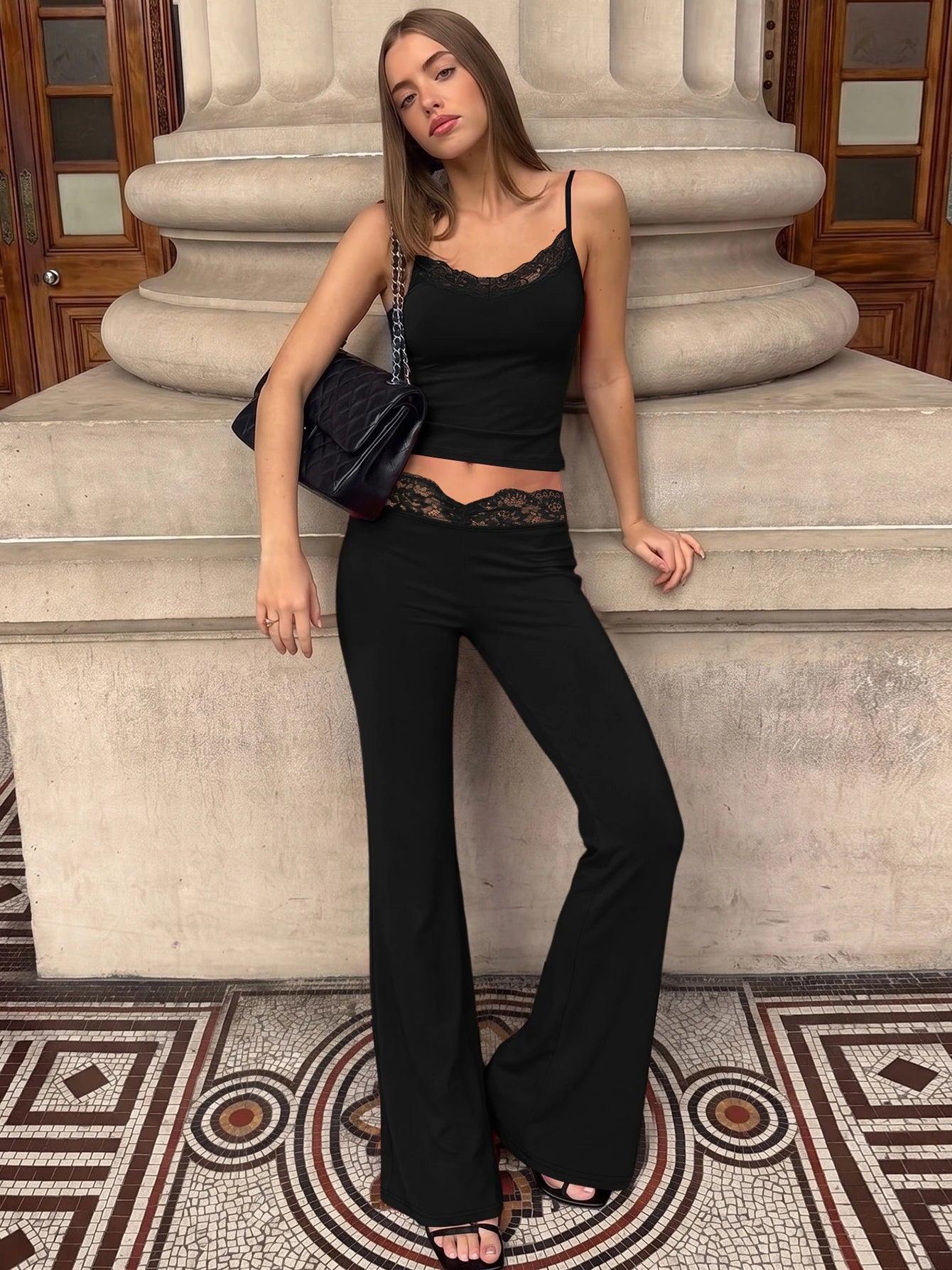 Lace Ruffle Backless Sleeveless Two-Piece Pants Set