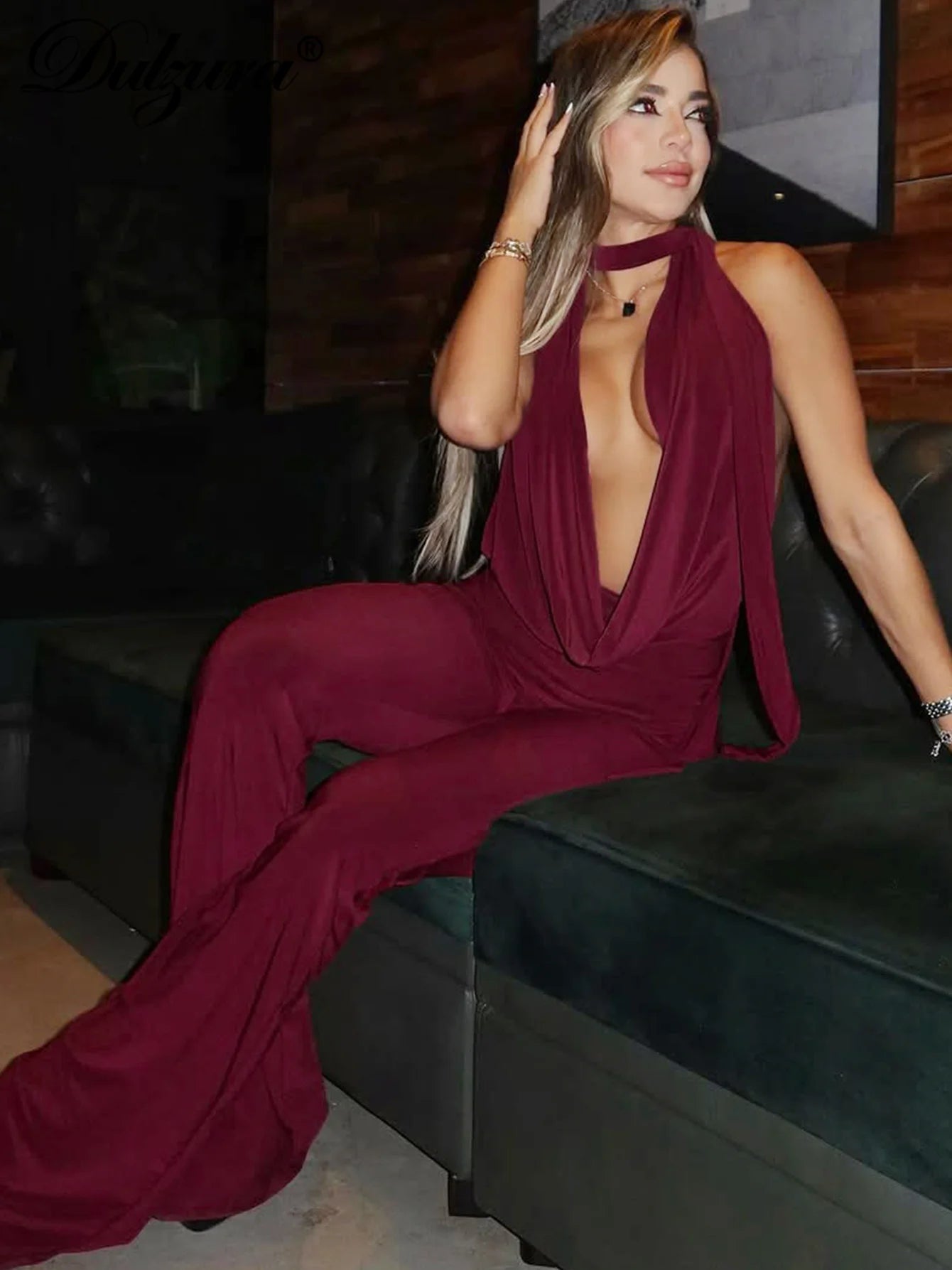 Lace-Up Backless Halter Flared Jumpsuit