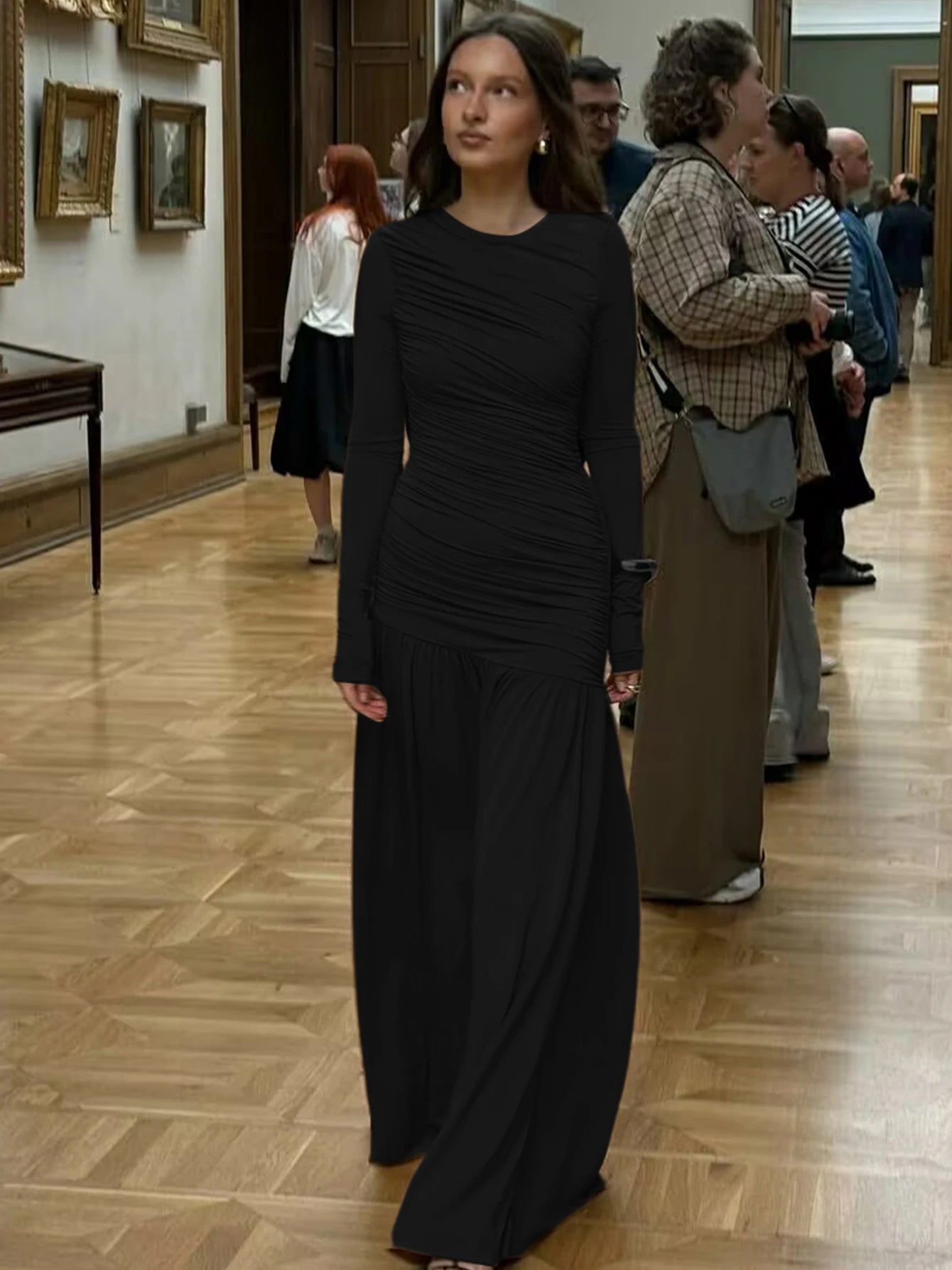 Ruched Pleated Long-Sleeve Slim-Fit Maxi Dress