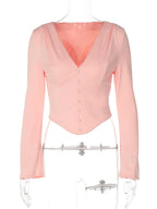 Button-Front V-Neck Long-Sleeve Bodycon T-Shirt