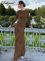 Ruched Pleated Long-Sleeve Slim-Fit Maxi Dress