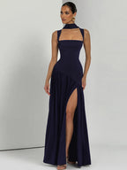 Backless Side-Slit Tie-Detail Sleeveless Maxi Dress