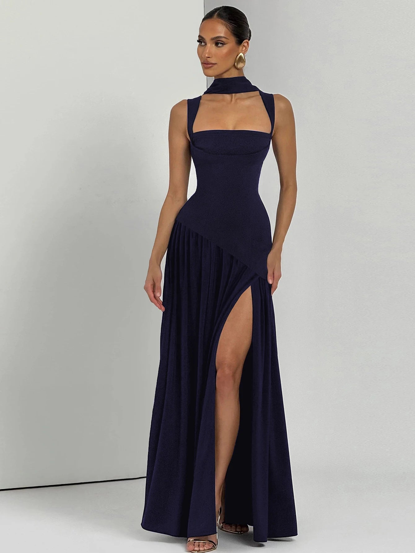 Backless Side-Slit Tie-Detail Sleeveless Maxi Dress