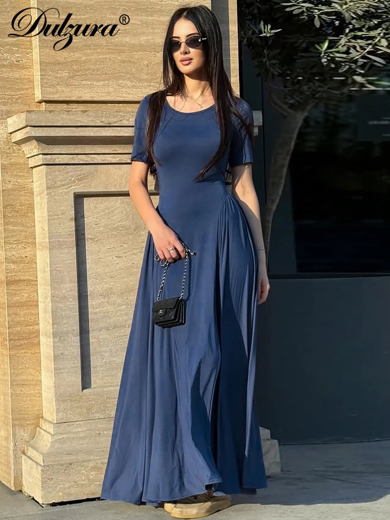 Pleated Short-Sleeve Cropped Maxi Dress