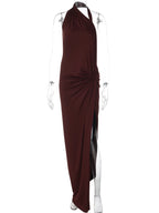 Ruffle Backless Side-Slit Halter Maxi Dress