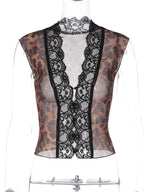 Leopard Mesh Lace Ruffle Top