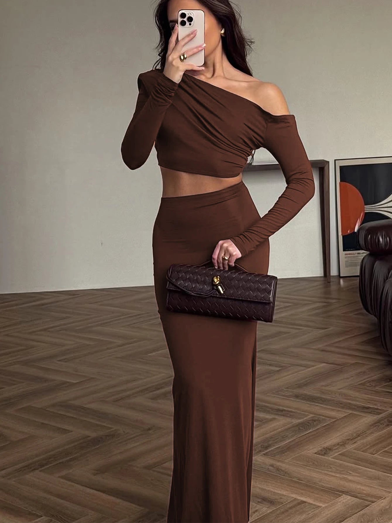 Ruched One-Shoulder Long-Sleeve Sleeveless Two-Piece Set