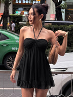 Chiffon Lace-Up Backless Halter Mini Dress