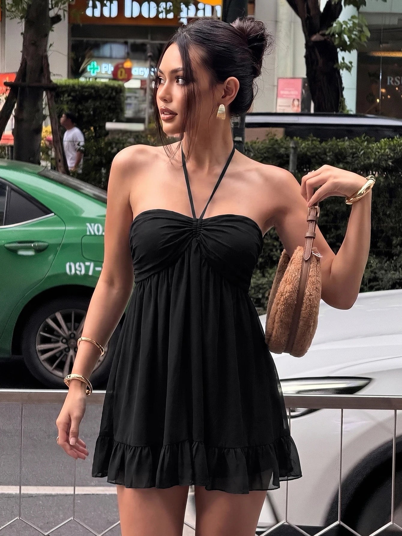 Chiffon Lace-Up Backless Halter Mini Dress