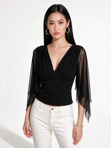 Mesh Pleated V-Neck Sleeveless T-Shirt