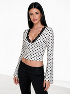 Polka-Dot Lace Ruffle V-Neck T-Shirt