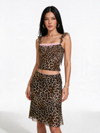 Leopard Mesh Lace-Up Ruffle Two-Piece Set