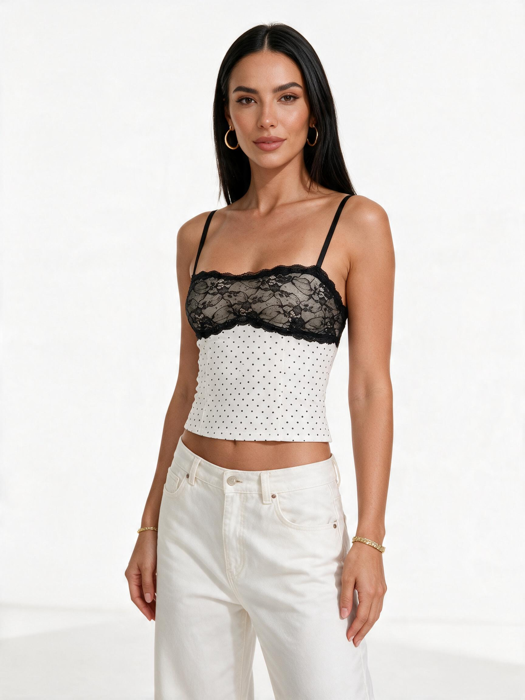 Polka-Dot Lace Backless Cropped Camisole Top