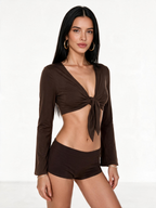 Lace-Up V-Neck Slim-Fit Flared T-Shirt