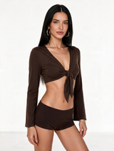 Lace-Up V-Neck Slim-Fit Flared T-Shirt
