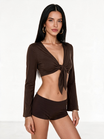 Lace-Up V-Neck Slim-Fit Flared T-Shirt